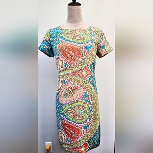 Talbots 100% silk print dress short sleeve peach aqua salmon lime Petite sz 8P